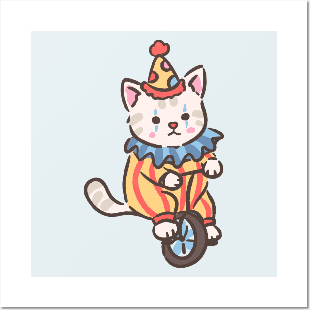 Cute clown kitten riding a unicycle Wall Art by Little Polart